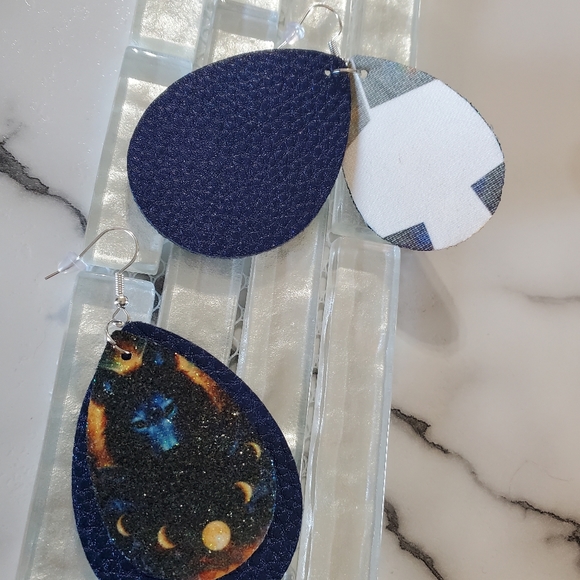 Wolf Moons Blue Faux Leather Teardrop Earrings - Picture 7 of 9